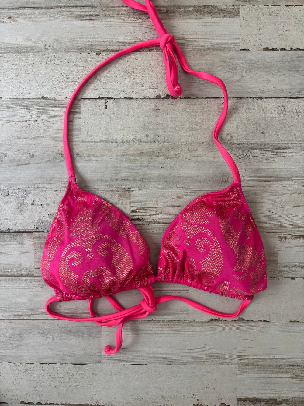 Doll Pink and Gold Shimmer Bikini Swimsuit Top sz L NWOT